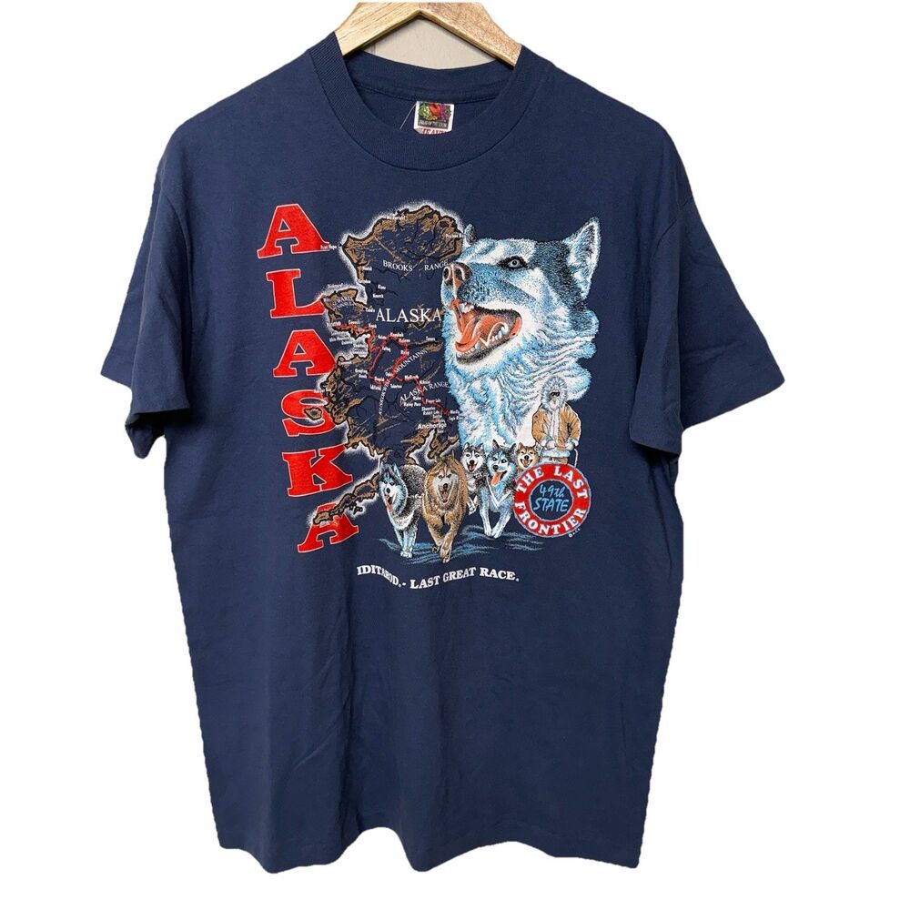 Vtg Alaska Iditarod The Last Great Race T Shirt Single Stitch Blue Men L EUC